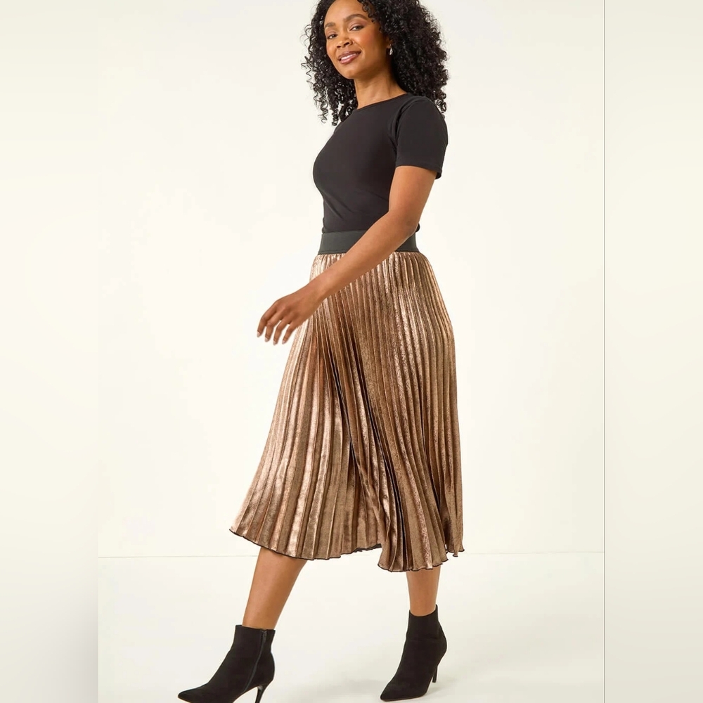 Top Shop Midi Skirt Metallic Bronze Accordion Pleated Size 2 holidays New Years